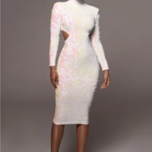 Jluxlabel Utopia Ivory White Sequin Dress Medium Cutouts Long Sleeve